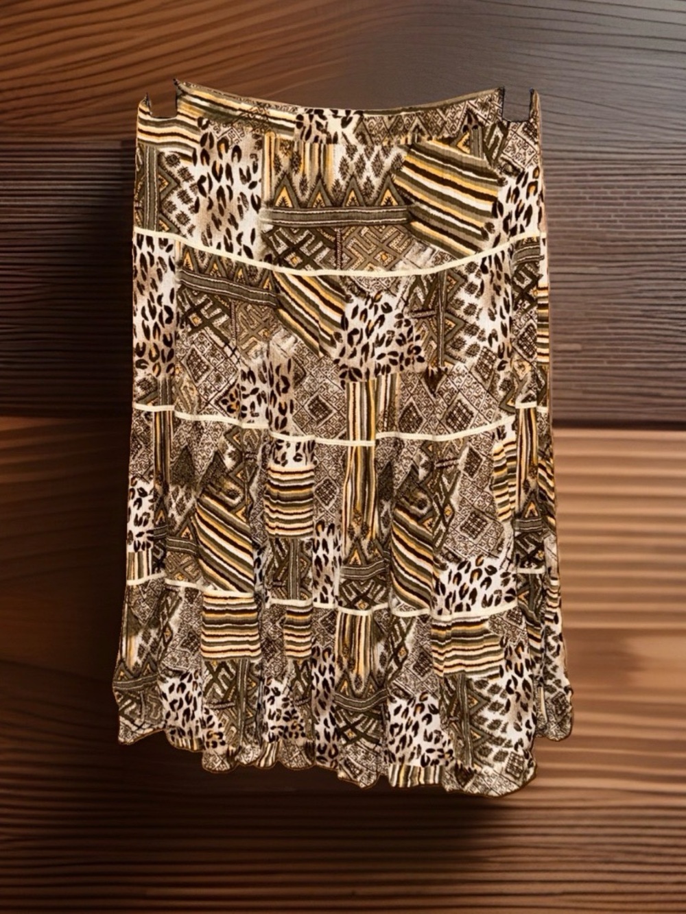 Sag Harbor Brown & Cream Patchwork-Print Crinkle Midi Skirt-12-EC